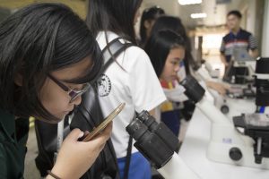 院區開放參觀這天，初心者透過顯微鏡觀察已經被培養好的「誘導型多潛能幹細胞 (iPSC)」。圖│研之有物