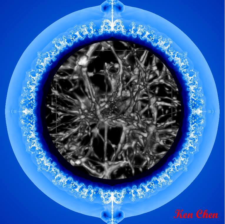 這幅作品是把兩個不同的模擬結合在一起，外層是超新星爆炸的結構，裡面是宇宙的結構。「納須彌於芥子」，把一個很大的結構容納到一個非常小的尺度。陳科榮認為，宇宙就是這樣，「一沙一世界，一花一天堂。」圖│陳科榮