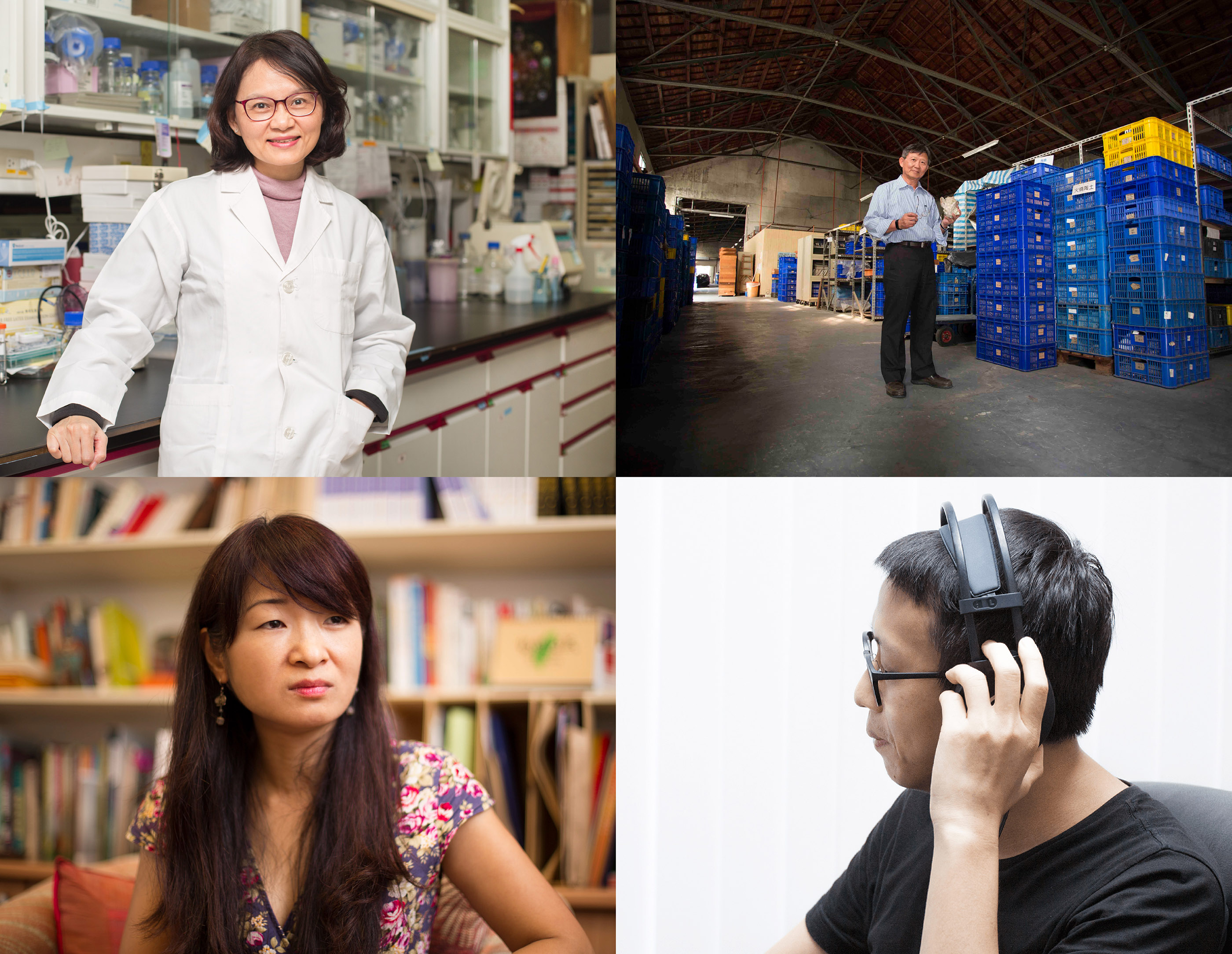 研之有物依據報導的內容，為中研院不同領域的研究員，安排不同的攝影呈現。圖│研之有物照片來源│(左上) 草藥不是吃多就有效！研究員徐麗芬來解惑(右上) 背後中箭、大啖貝類，史前南科住了誰？(左下) 家內性侵 開不了口的原因(右下) 天才莫札特的傳說很狂？現在只要一鍵就做得到！