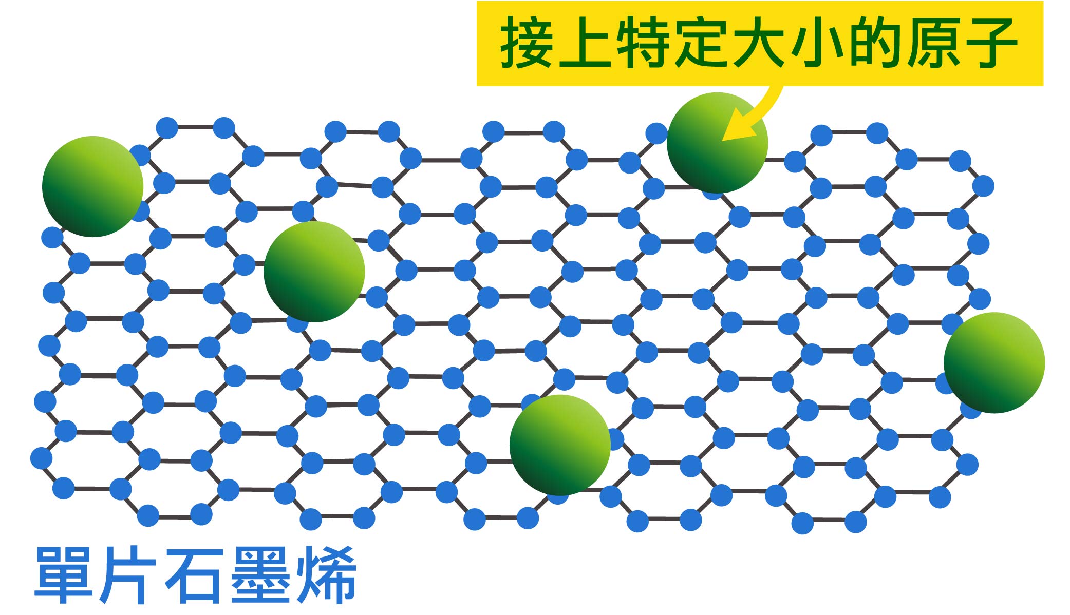 看元素周期表，就能知道不同原子的大小，並依據理論計算，在單片石墨烯接上指定大小的原子，例如氮原子、氧原子。圖│研之有物(資料來源│顏宏儒)