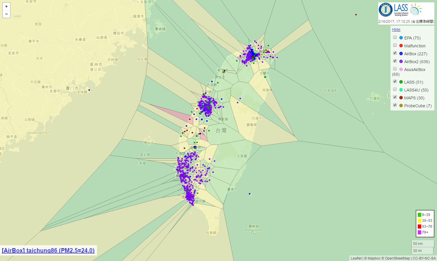 空氣盒子地圖:各地PM2.5即時濃度圖|https://pm25.lass-net.org/GIS/voronoi/